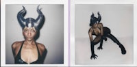 two pictures of a woman with horns on her head
